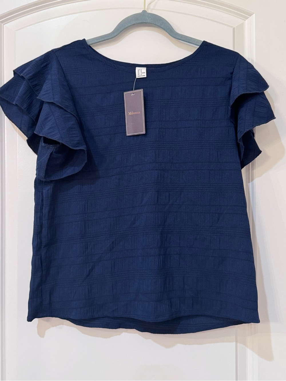 Milano Navy Ruffle Sleeve Textured Blouse